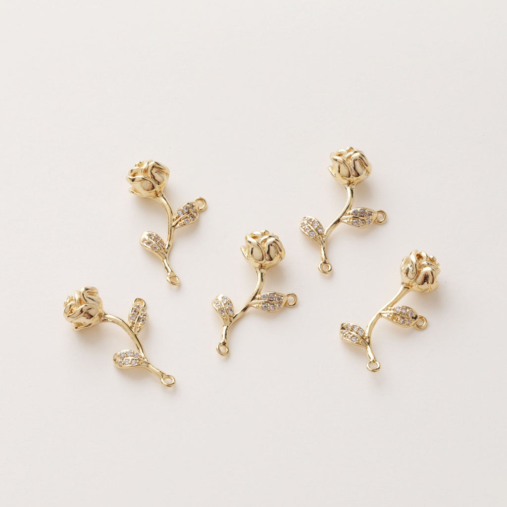 Gold Rose Flower Connector Charm with loops, CZ Pave Flower Charm Pendant for Bracelet Necklace Earring, Jewelry Findings JH029