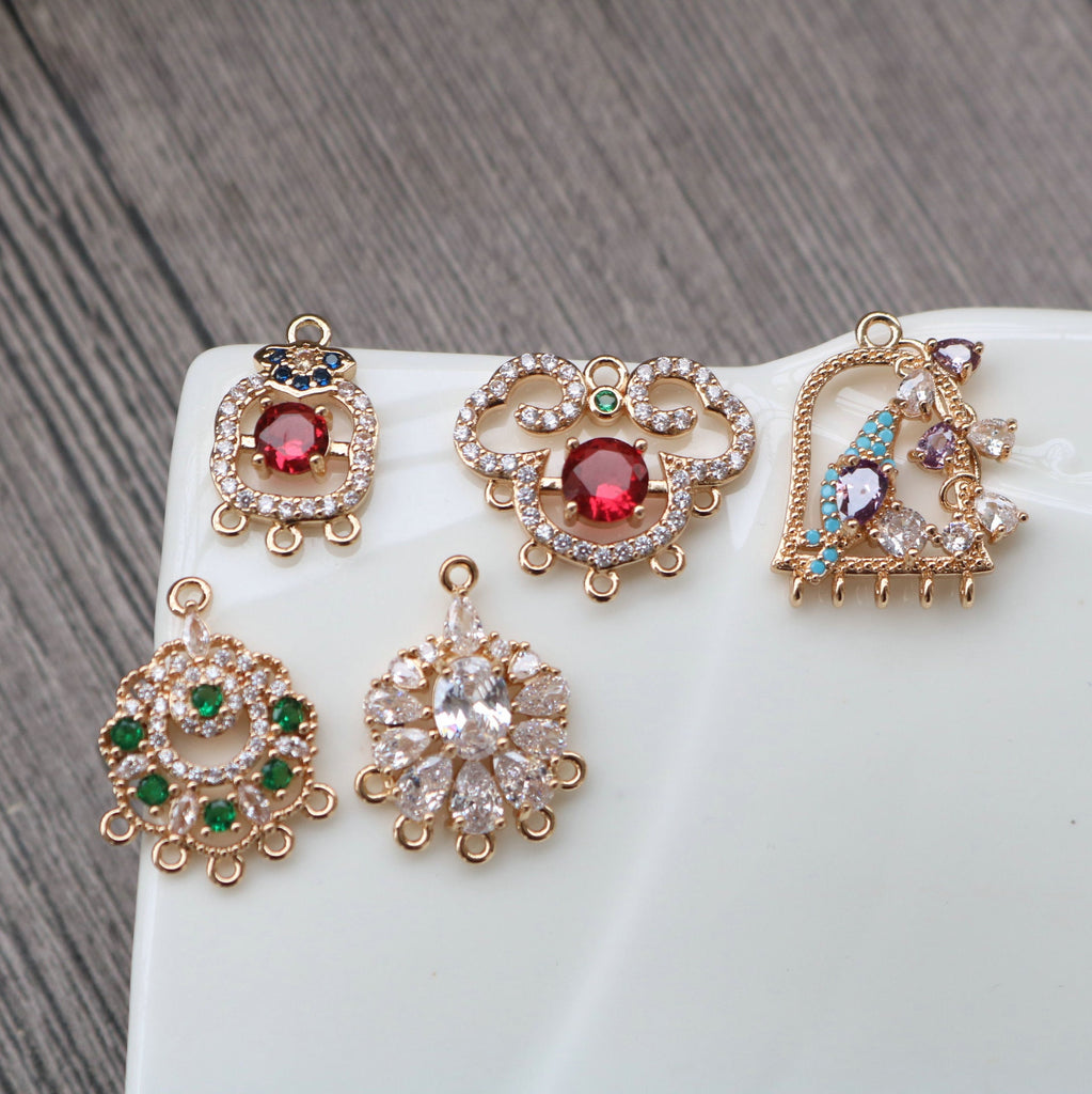 CZ Pave Geometric Flower Charm, Cubic Zircon Crystal Pendant, Multiple Holes, 14K Real Gold Plated, Jewelry Findings HL012-F192