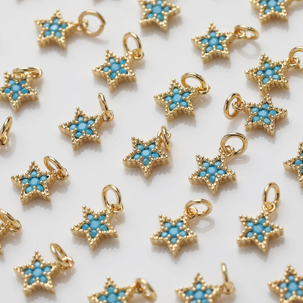 Star Charm, Turquoise Pave Pendant, Real Gold Plated Brass Earring Charms, Jewelry Findings GZ396