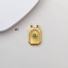 Load image into Gallery viewer, Rectangular Card Charm, 18K Gold Plated CZ Pave Pendant, Heart Charm, Four Leaf Clover Charm, Necklace Making Charm, Jewelry Findings S1384