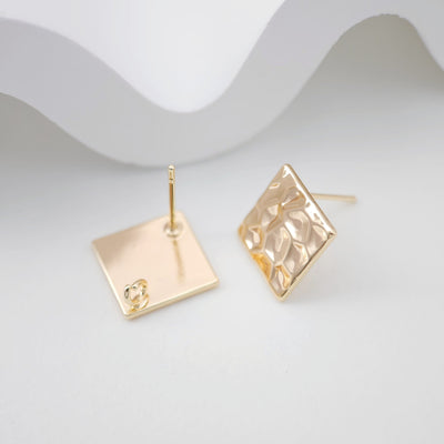 14K Gold Square Hammered Post With Loop, Square Stud Earring Nickel Free, 12mm, Hypoallergenic Earring Findings ZX171