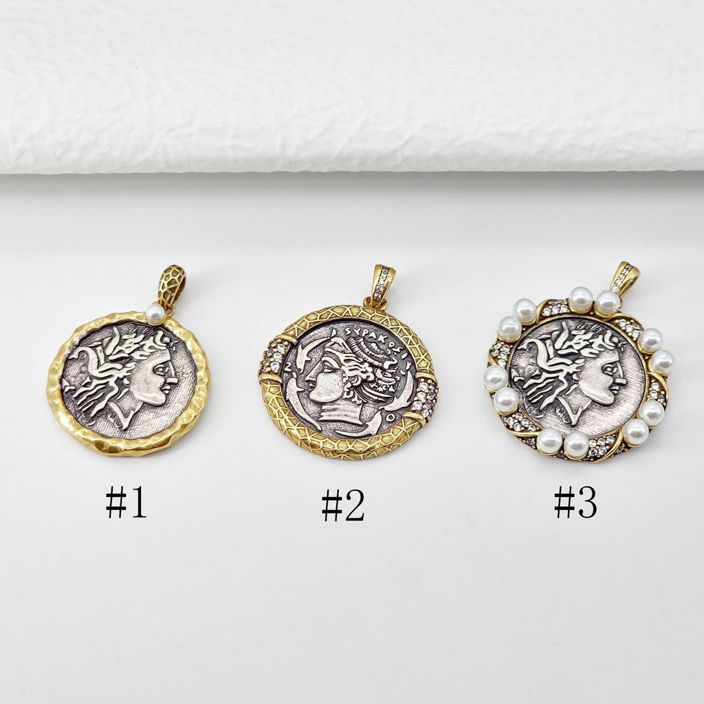 Antique Silver Boho Head Pendant, Boho Coin Charm, Gold Plated, Necklace Making Charm, Jewelry Findings S20699