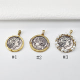 Antique Silver Boho Head Pendant, Boho Coin Charm, Gold Plated, Necklace Making Charm, Jewelry Findings S20699