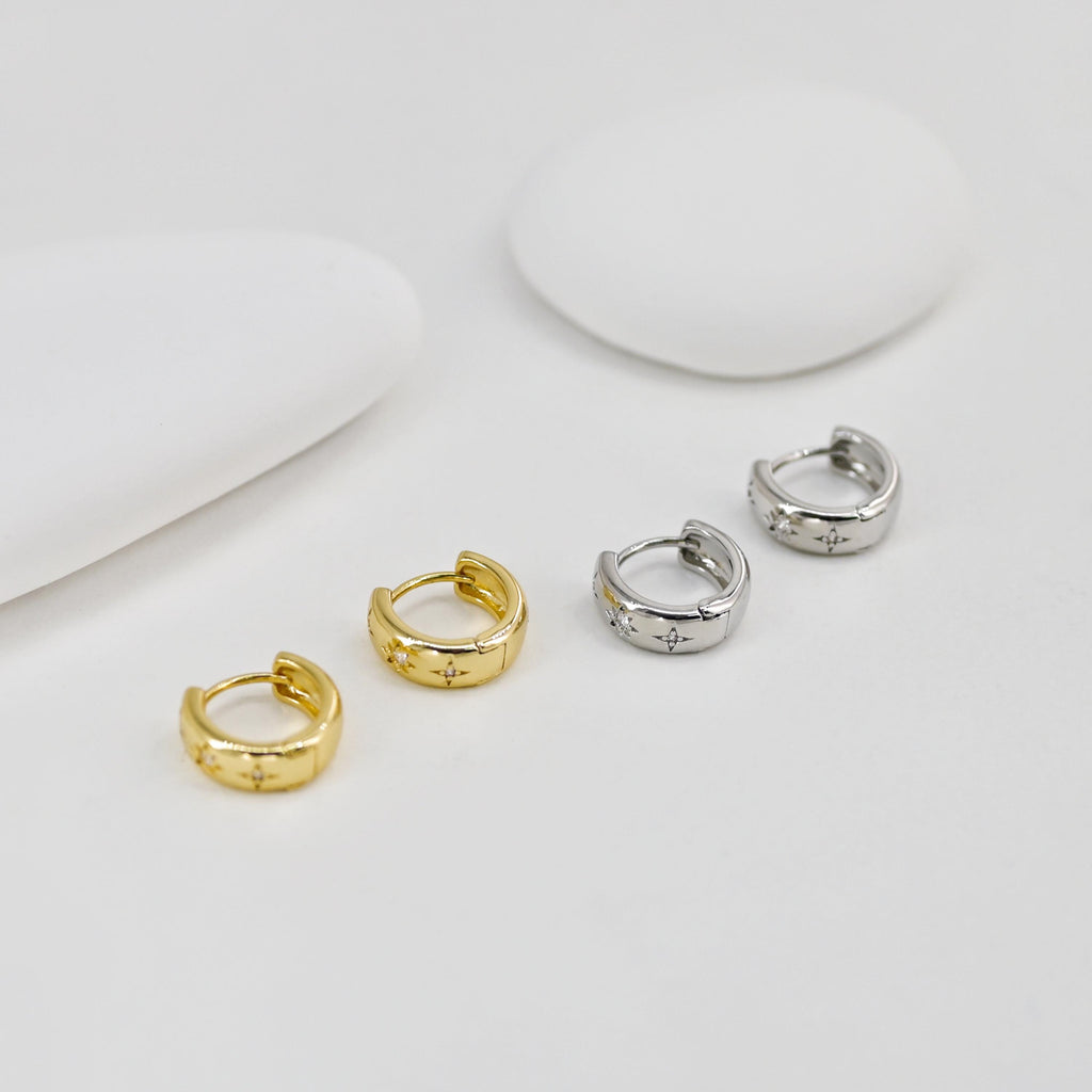 Aros de circonita cúbica con forma de estrella, redondos, de 14 mm, chapados en oro de 18 quilates, con cierre de palanca, D0526