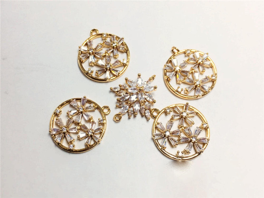 Dije de flor, colgante de flor de cristal de circonita cúbica, dijes para pendientes de circonita cúbica, dijes para pendientes de latón chapado en oro auténtico, accesorios de joyería STG021-F207