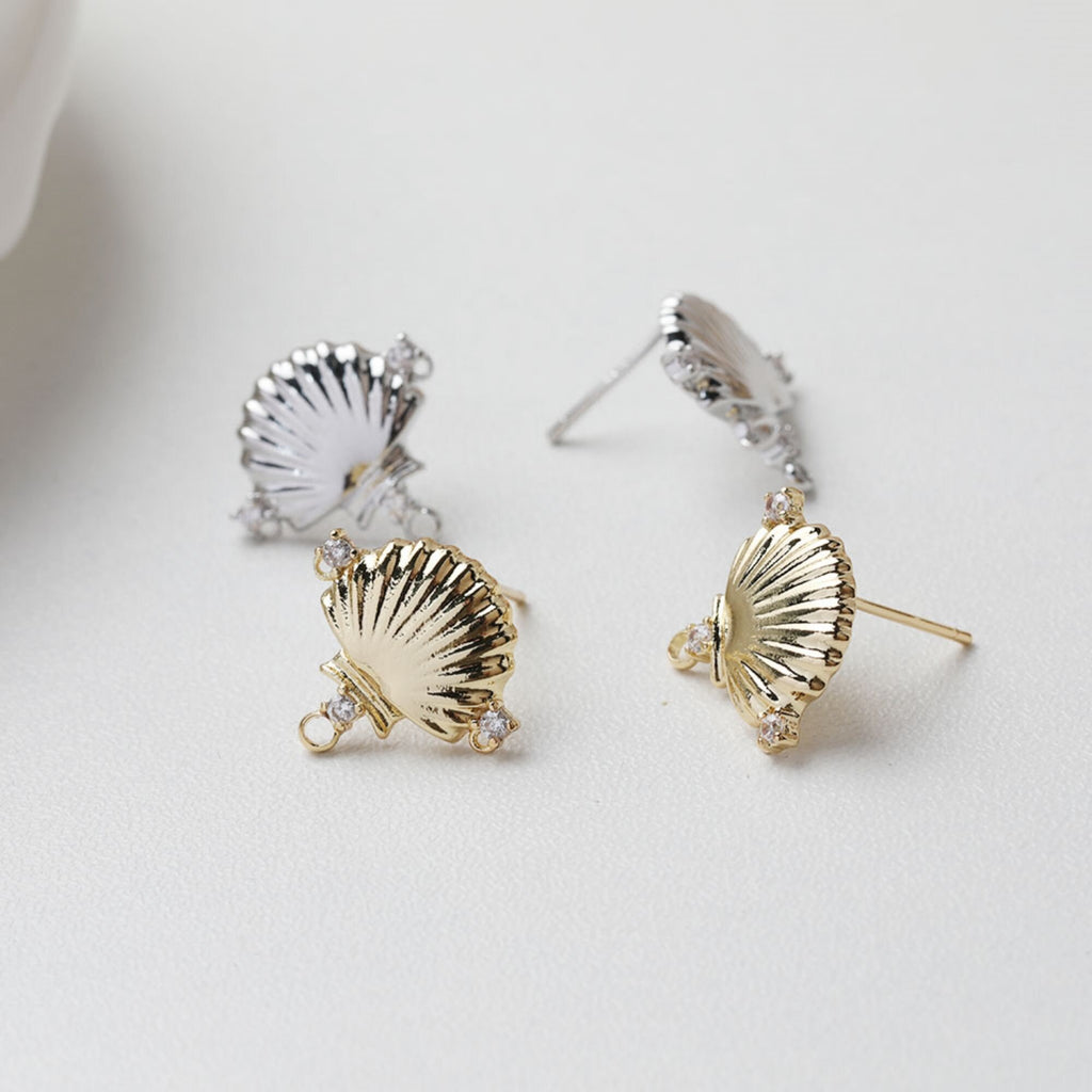 Shell Pave Cubic Earring Post, Shell Post, Gold/Silver, S925 Silver Pin Nickel Free Earrings, Hypoallergenic Earring Findings GT054