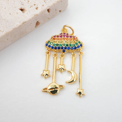 Rainbow Pave CZ Cloud Charm, Star Moon Planet Pendant, 28mm, 18K Gold Plated, Necklace Making Charm, Jewelry Findings S20366