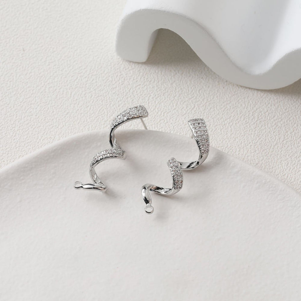 Wave Earring Post with Loop, 14K Gold/Silver, CZ Pave, S925 Silver Pin Nickel Free Earrings, Wave Ear Stud with Loop BB119
