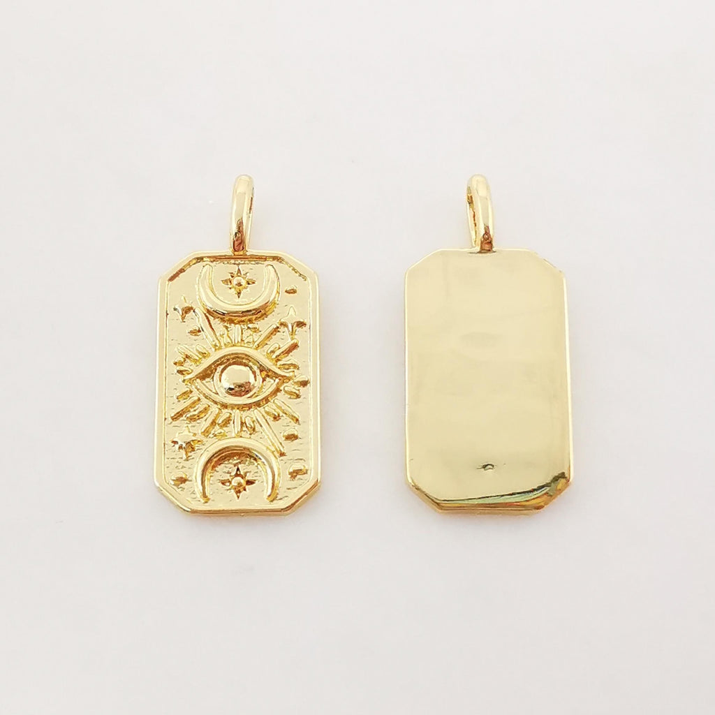 Gold Evil Eye Card Charms, Micro CZ Pave Moon and Star Pendant, 18K Gold Plated Brass, Necklace Making Charms, Jewelry Findings S1005