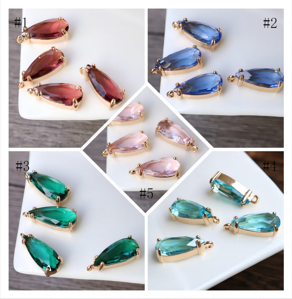 10pcs- Crystal Long Teardrop Charms, 11 colors You Choose, 14K Gold Plated Teardrop Pendant, 7x18mm, Jewelry Findings 068-F040