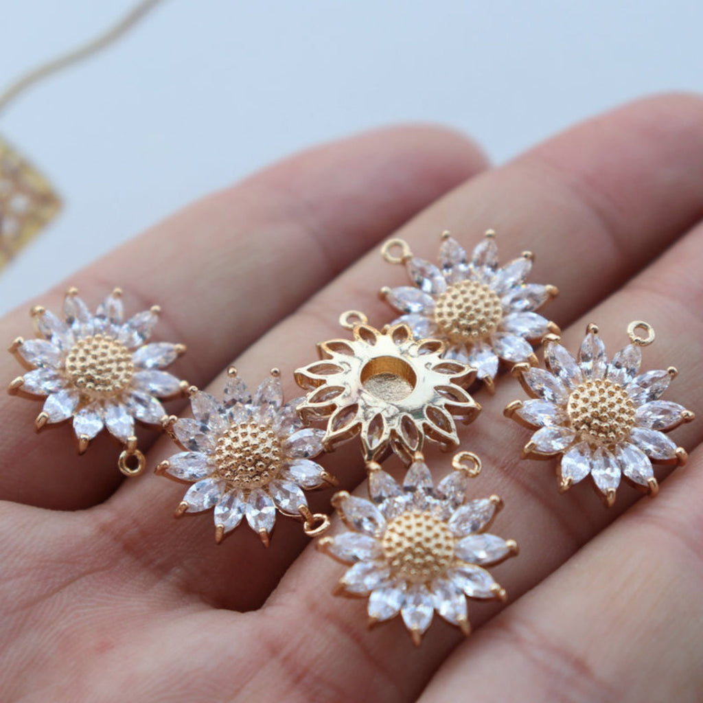 Sun Flower Charm, Cubic Zircon Crystal Flower Pendant, CZ Earring Charms,  Gold Plated Brass Earring Charms, Jewelry Findings HL013-F218
