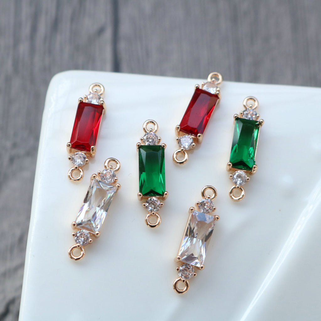 10pcs Rectangular Connector, Cubic Zircon Crystal Pendant, Bracelet Necklace Pendant, 14K Real Gold Plated, Jewelry Findings HL095-F028