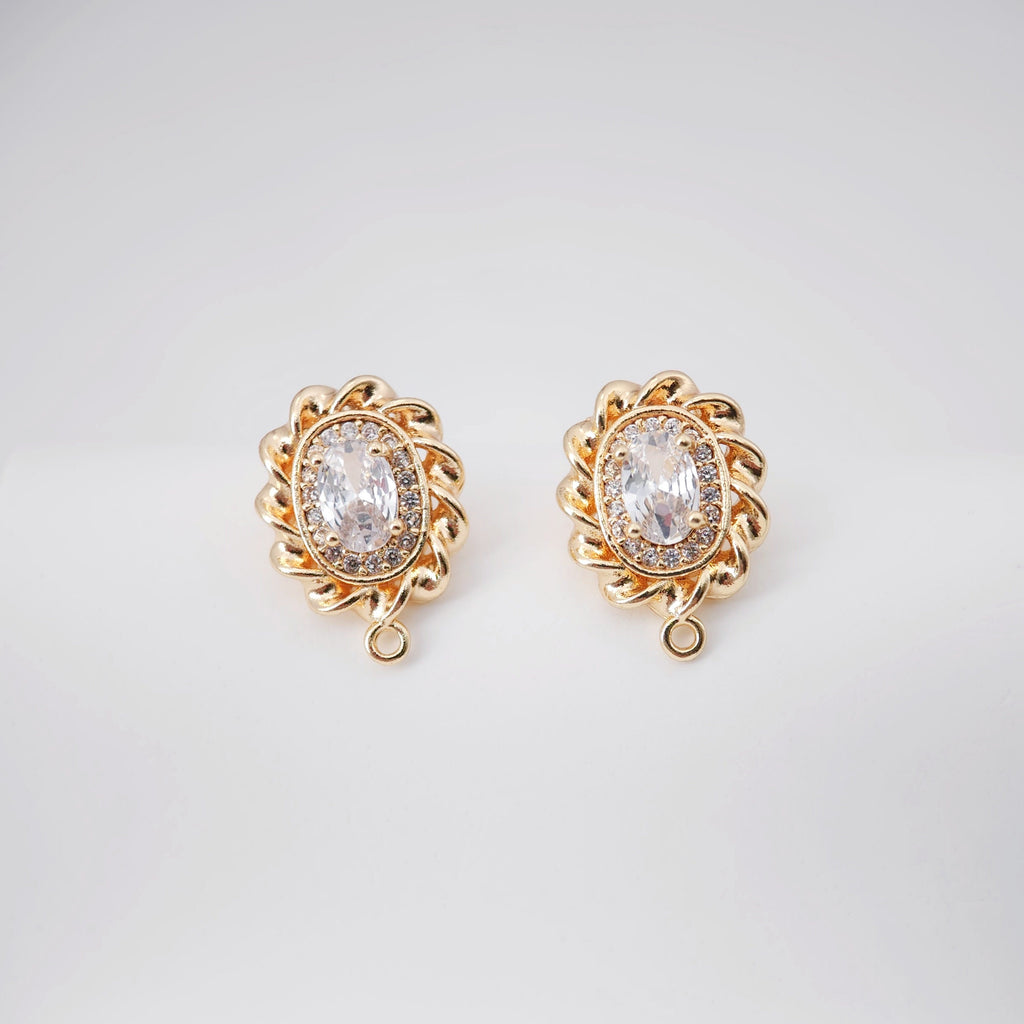18K Gold Oval Shape Earring Post With Loop, S925 Silver Pin Nickel Free Earrings, CZ pave Stud, Hypoallergenic Earring Findings ZX250