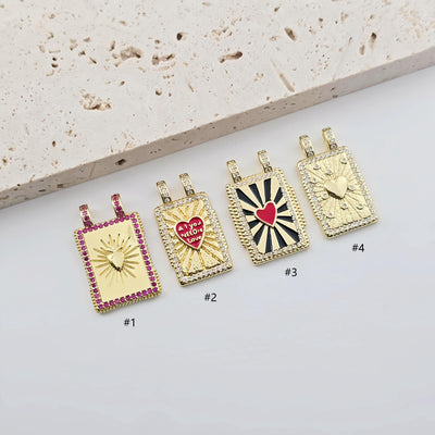 Rectangular Card Charm, 18K Gold Plated CZ Pave Pendant, Heart Charm, Planet Pendant, Necklace Making Charm, Jewelry Findings S1290