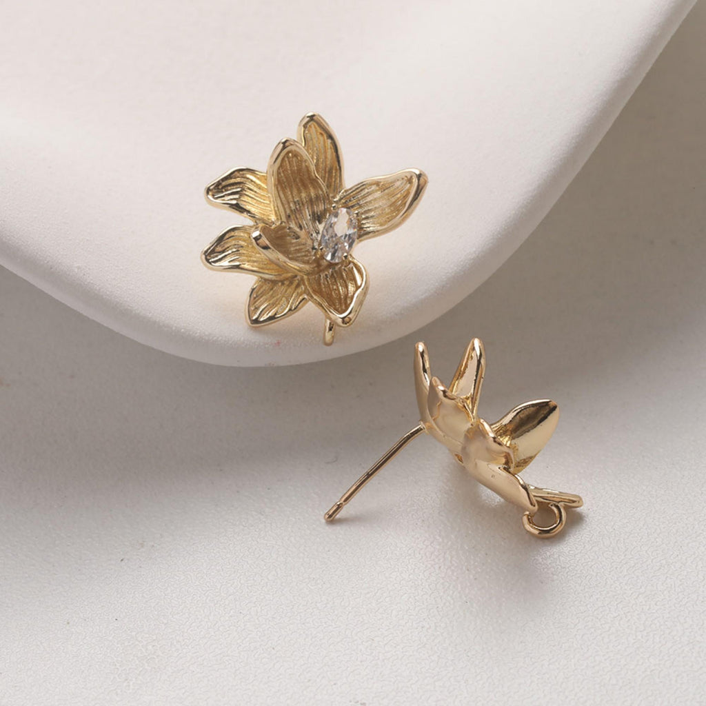 Flower Earring Post with loop, 14K Gold/Silver, S925 Silver Pin Nickel Free Earrings, Flora Ear Stud with Loop GZ735
