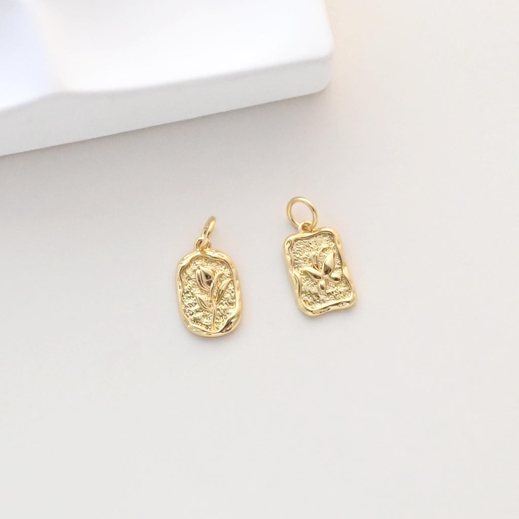 Flower Charm On Oval Shape, 18K Gold Plated, Rectangular Flower Pendant, Necklace Earring Making Charms, Jewelry Findings S1326