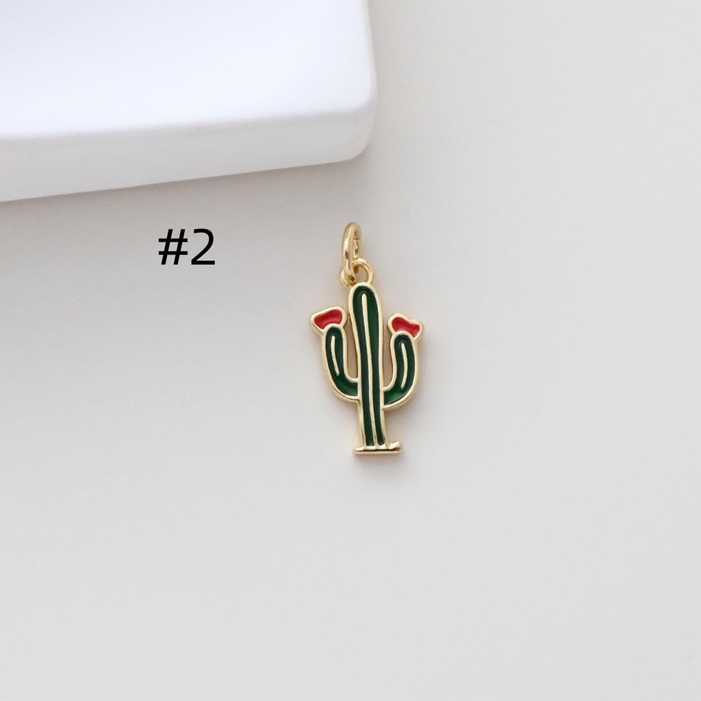 Enamel Cactus Pendant, 18K Gold Plated Charm, Dainty Jewelry Making Pendant S1309