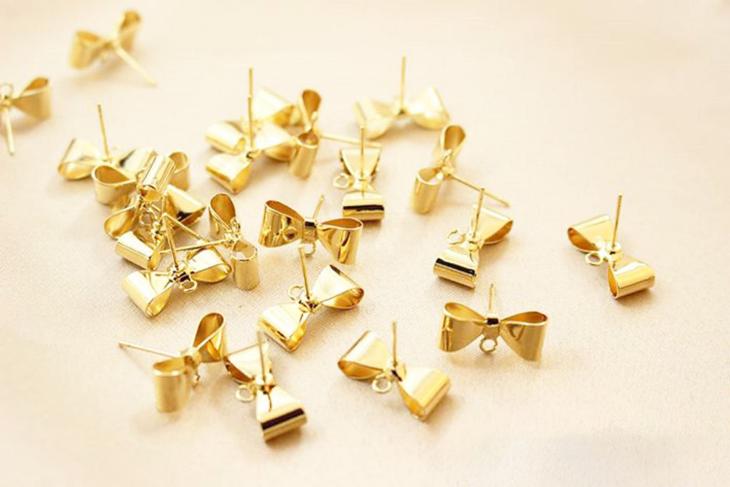 4pcs Gold Bow Earring Post With Loop, S925 Silver Ear Pin Nickel Free Earrings, Bowtie Ear Stud Loop, Hypoallergenic Earring Findings GZ148