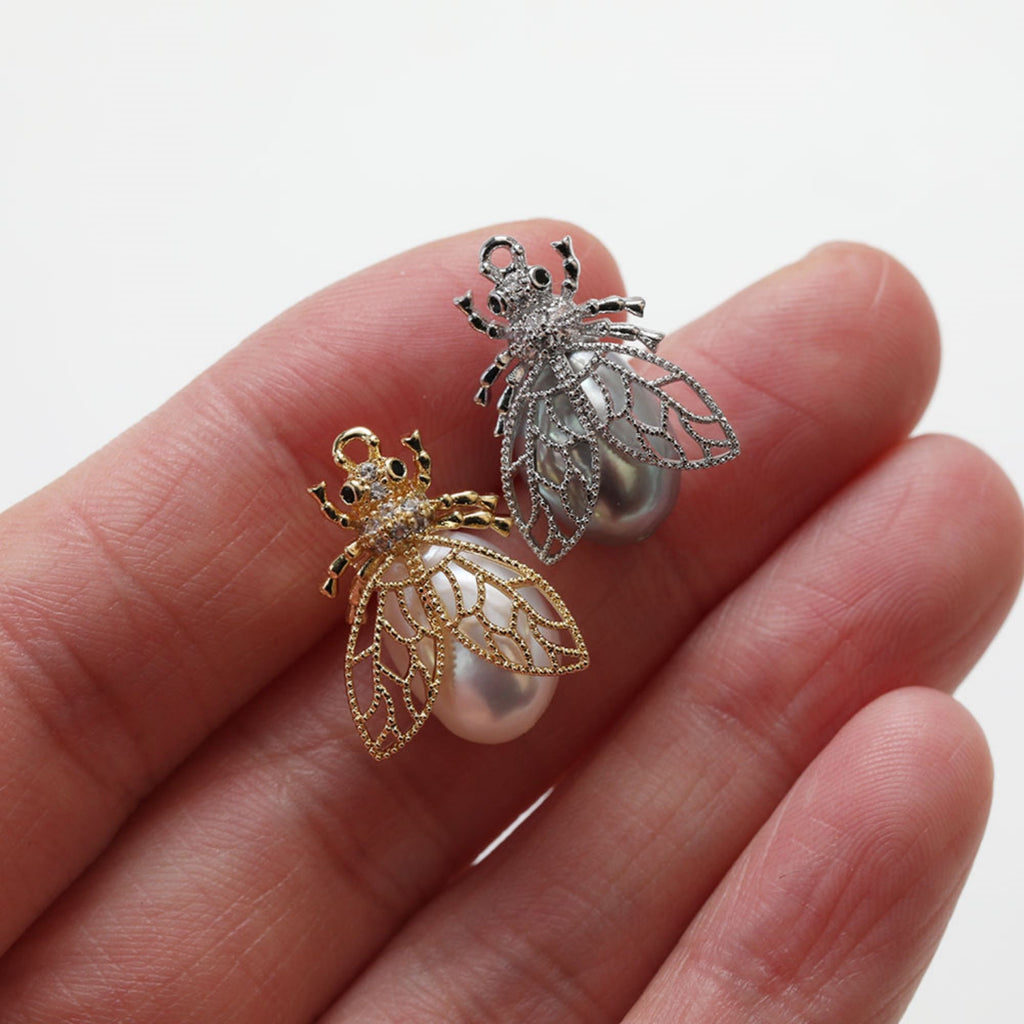 Bee Pendant Setting, 14k Gold/Silver Plated, Tail Pendant Setting For Jewelry Making, Half Drilled Pearl Mounts GZ233