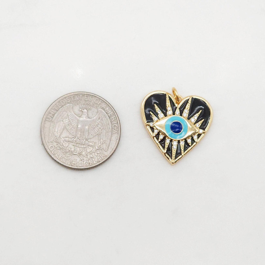 Black Heart Shape Evil Eye Charm, 18K Gold Plated Micro CZ Pave Enamel Eye Pendant, 22.5mm, Necklace Making Charm, Jewelry Findings S20405