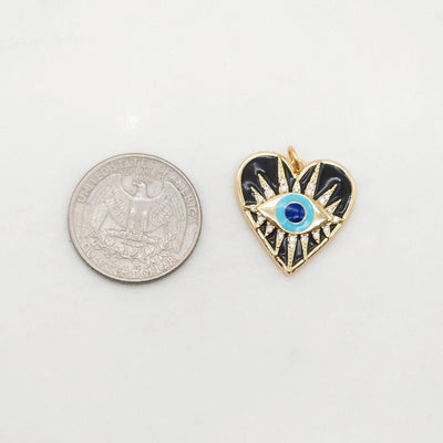 Black Heart Shape Evil Eye Charm, 18K Gold Plated Micro CZ Pave Enamel Eye Pendant, 22.5mm, Necklace Making Charm, Jewelry Findings S20405