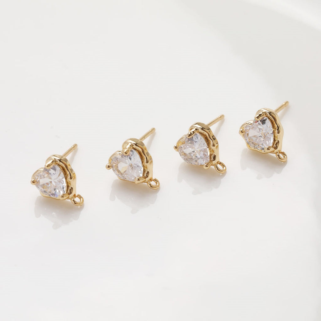 Gold love heart CZ Earring Post,  14K Gold Nickel Free Earrings, S925 Silver Ear Pins, 10mm, Heart Shape Ear Stud with Loop JG066