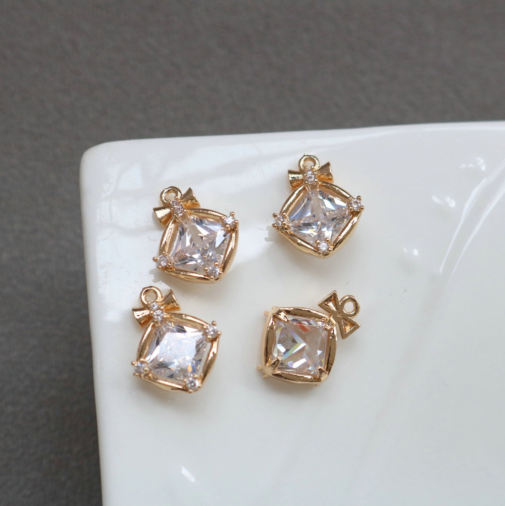 10 piezas de dijes de cristal de diamante con forma de lazo, chapados en oro de 14 quilates, 13,5 x 18 mm, accesorios de joyería HL063-F144