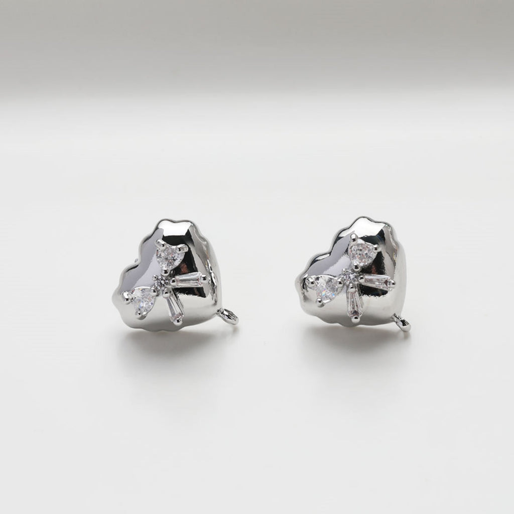 Heart CZ Post Earring, 14K Gold/Silver Nickel Free Earrings, S925 Silver Ear Pins, Heart Shape Ear Stud with Loop GZ508