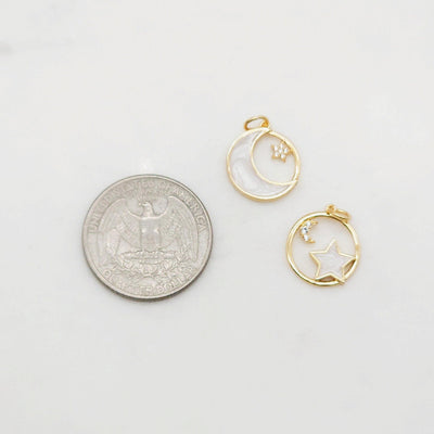 Enamel Moon & Star Charm, 18K Gold Plated, Pave CZ Round Pendant, Necklace Making Charm, Jewelry Findings S20387