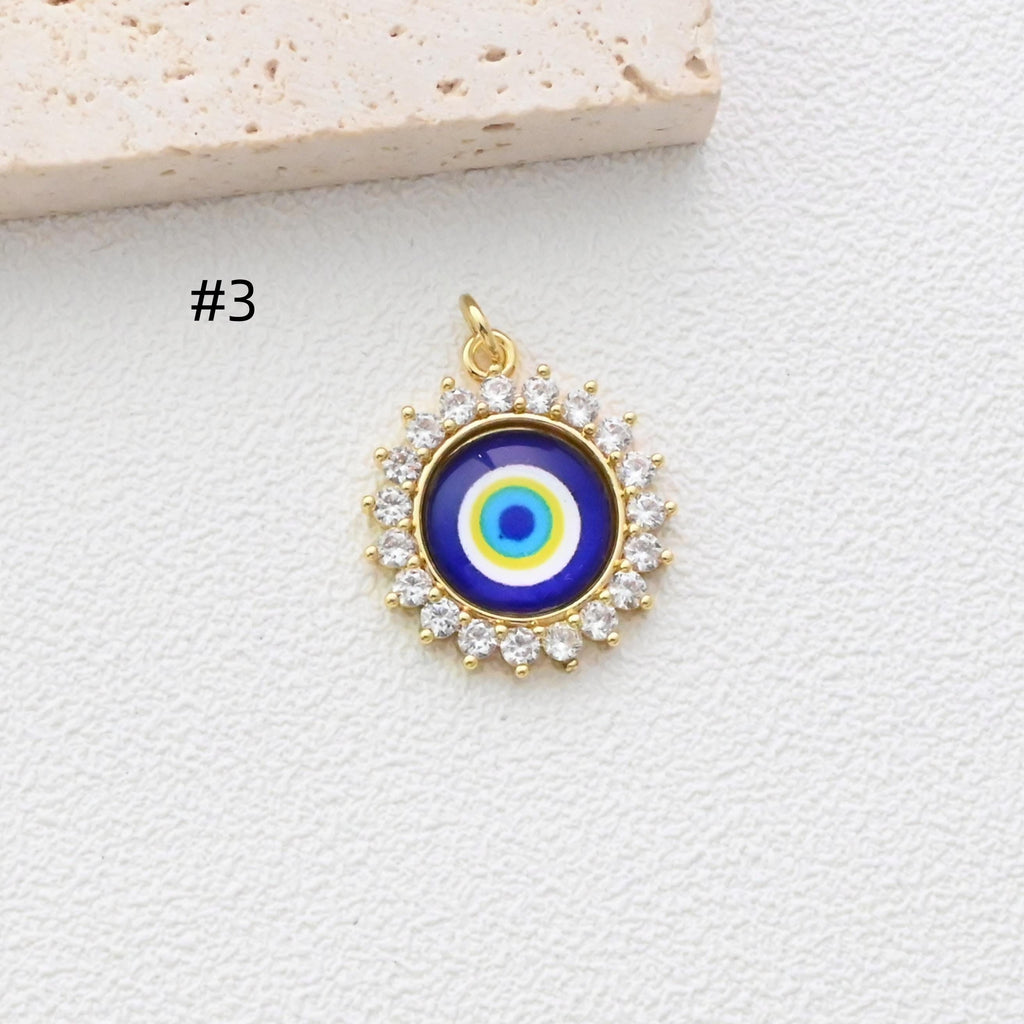 Evil Eye Charm, Enamel Devil's Eye Charm, Pave CZ, Round Pendant, 18K Gold Plated, Necklace Making Charm, Jewelry Findings S1347