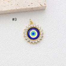 Load image into Gallery viewer, Evil Eye Charm, Enamel Devil&#39;s Eye Charm, Pave CZ, Round Pendant, 18K Gold Plated, Necklace Making Charm, Jewelry Findings S1347