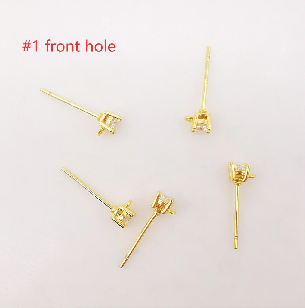 10PCS Tiny Ear Post with Loops, Nickel Free, Micro CZ Pave, 4mm, 18K Gold Plated Stud Earring Finding S268