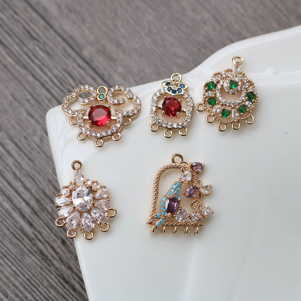 CZ Pave Geometric Flower Charm, Cubic Zircon Crystal Pendant, Multiple Holes, 14K Real Gold Plated, Jewelry Findings HL012-F192