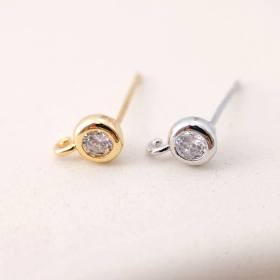 Tiny Ear Post with Loops, S925 Silver Ear Pin Nickel Free, Micro CZ Pave, 8*5.6mm, 18K Gold Plated Stud Earring Finding S1191
