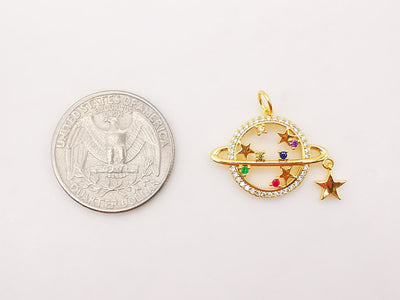 2pcs Saturn Planet Charm, Multi-colored Cubic Planet Pendant, 18K Gold Plated, Necklace Making Charms, Jewelry Findings S932