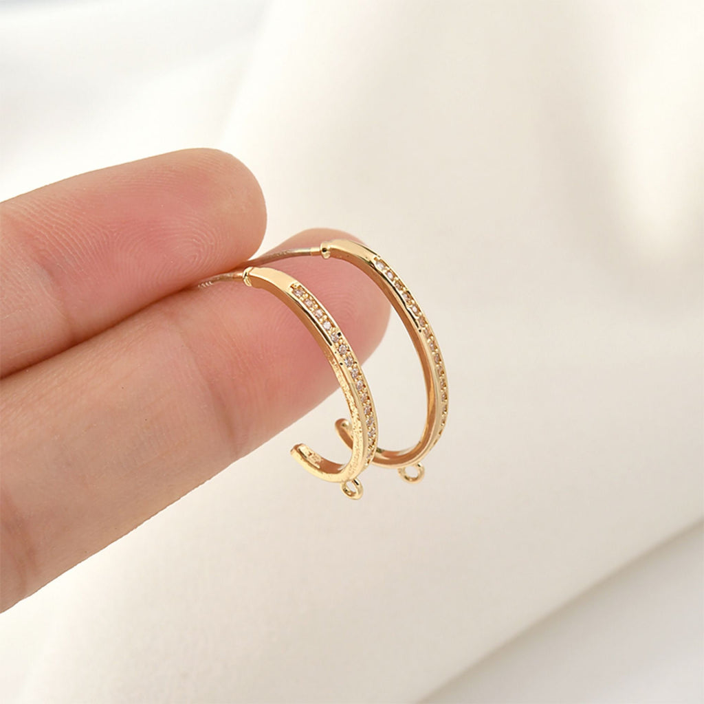 C Shape Earrings Post With Loop, 14K Gold/Silver Plated, S925 Silver Ear Pin Nickel Free Earrings, Pave Cubic Stone, Earring Findings YL002