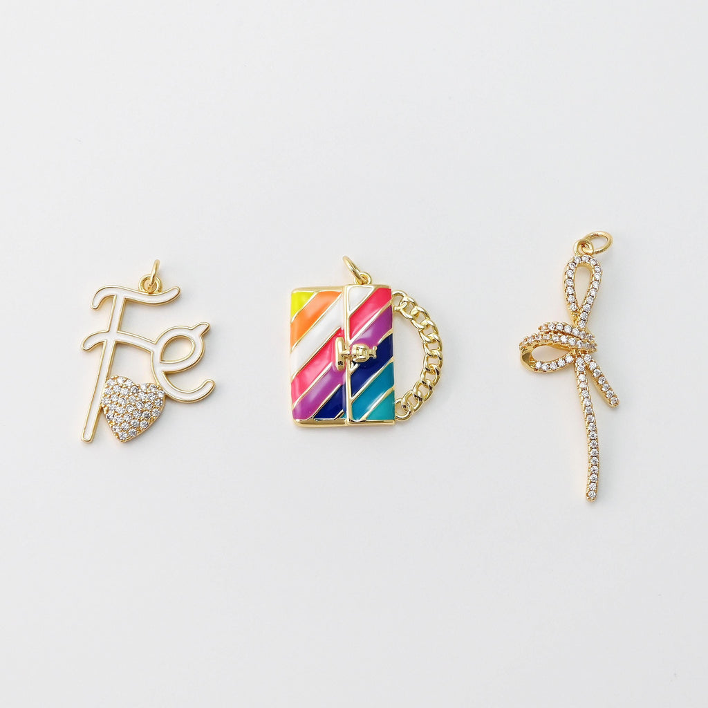 Tie The Knot Charms, Enamel Bag Charm, Fe Heart Charm, Cubic Pave Knot Pendant, 18K Gold Plated, Necklace Making Charms, Jewelry Findings