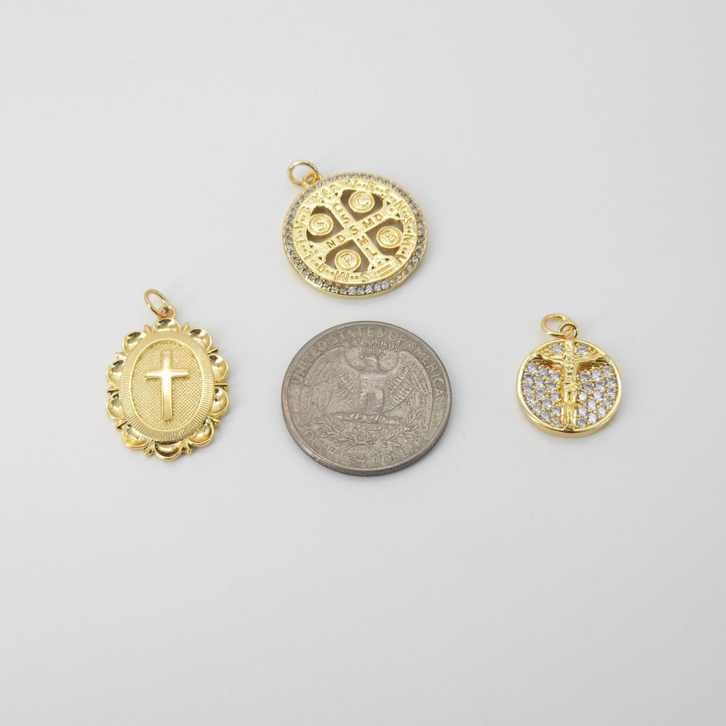 Cross Charm, Coin Pendant, Jesus Charm, 18K Gold Plated CZ Pave Religions Pendant, Necklace Making Charm, Jewelry Findings S20831