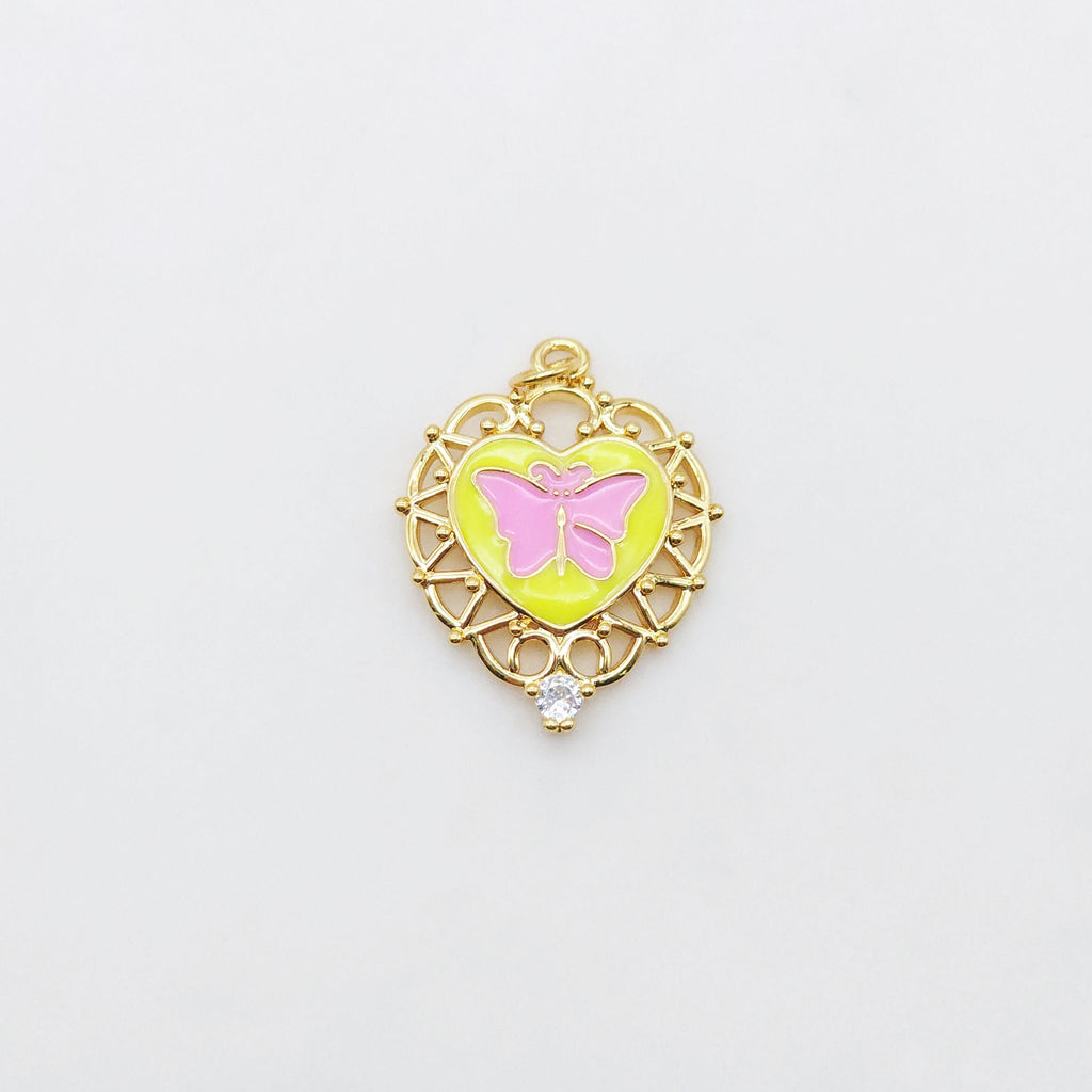 Enamel Butterfly Dangle Pendants, Heart Shape, 18K Gold Plated Enamel Butterfly Pendant, Earring Making Charm, Jewelry Findings S20552