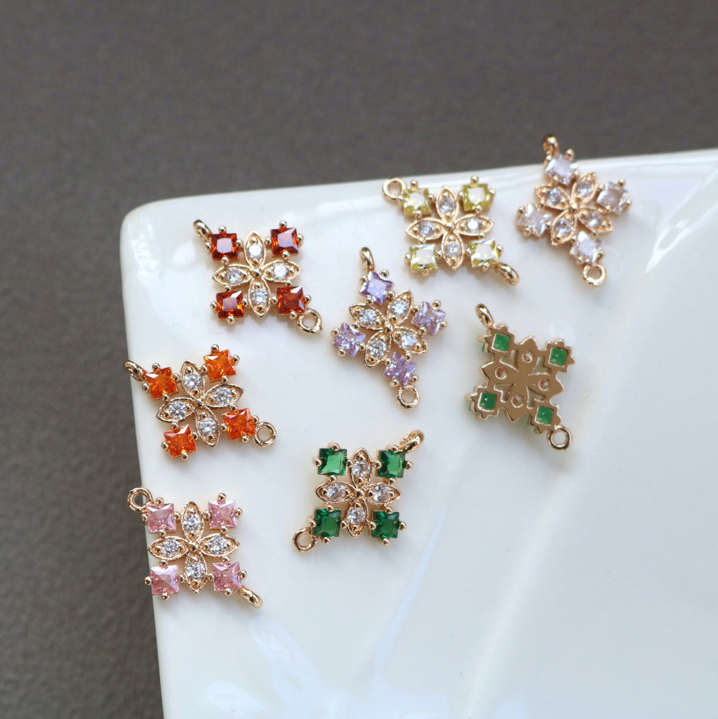 10pcs Flower Connector, Cubic Zircon Crystal Pendant, Bracelet Necklace Pendant, 14K Real Gold Plated, Jewelry Findings HL111-F038