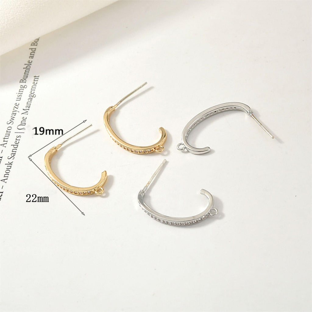 C Shape Earrings Post With Loop, 14K Gold/Silver Plated, S925 Silver Ear Pin Nickel Free Earrings, Pave Cubic Stone, Earring Findings YL002