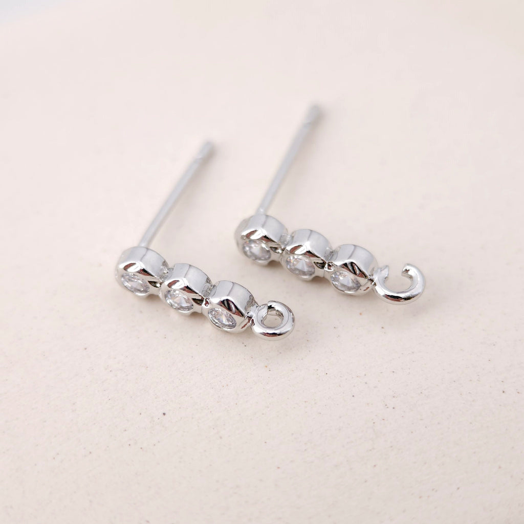 Tiny Ear Post with Loops, S925 Silver Ear Pin Nickel Free, Micro CZ Pave, 13.2*3.5mm, 18K Gold Plated Stud Earring Finding S1193