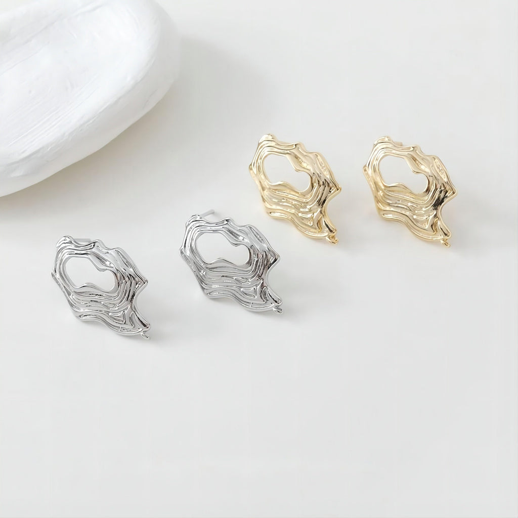 Irregular 14K Gold Pleated Openwork Post with Loop, Gold/Silver, S925 Silver Pin Nickel Free Earrings, Hypoallergenic Earring Findings GE022