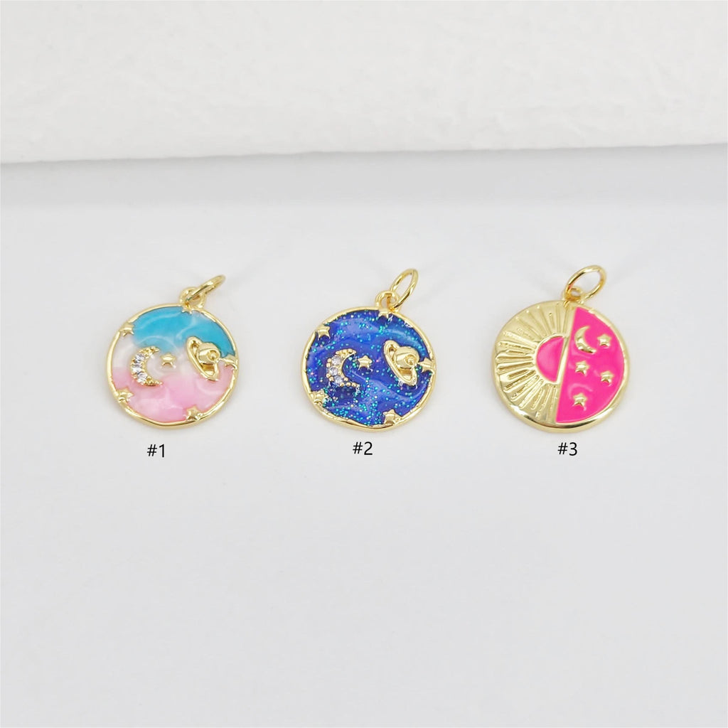 Enamel Cubic Moon & Star Charm, 18K Gold Plated Multicolor Pave Round Pendant, Necklace Making Charm, Jewelry Findings S20769