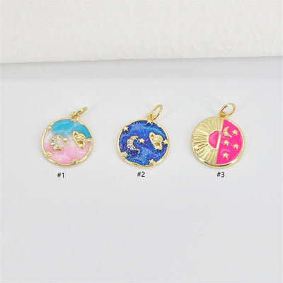 Enamel Cubic Moon & Star Charm, 18K Gold Plated Multicolor Pave Round Pendant, Necklace Making Charm, Jewelry Findings S20769