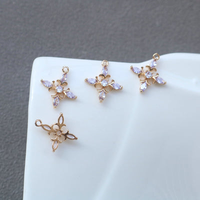 10pcs Cross Flower Charm, Cubic Zircon Crystal Flower Pendant, Real Gold Plated Brass Earring Charms, Jewelry Findings HL089-F116