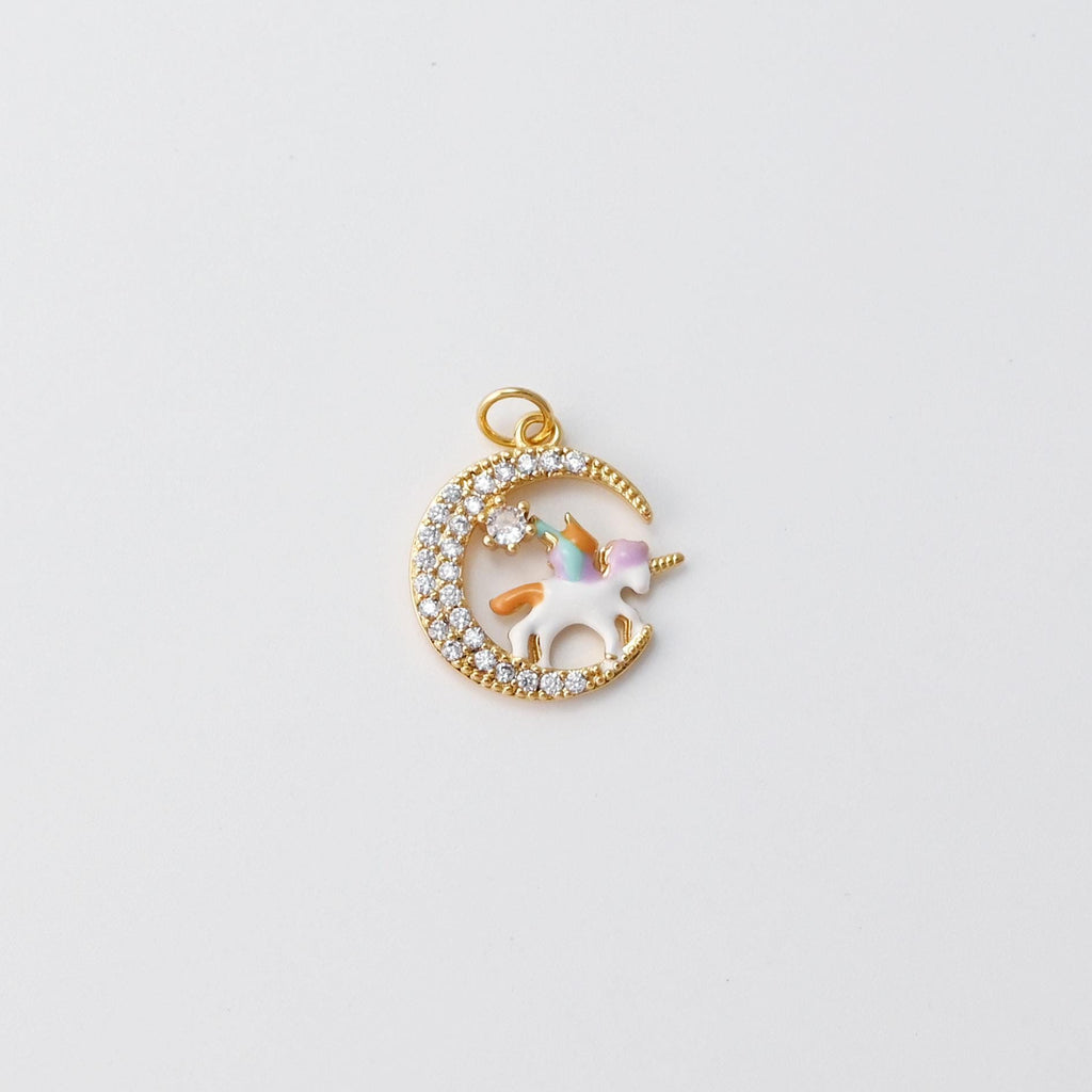 Moon Charm, Angel on the Moon, Unicorn on the Moon, 18K Gold Plated, CZ Pave, Necklace Jewelry Finding