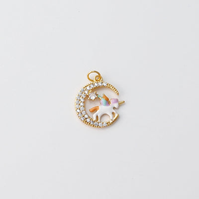 Moon Charm, Angel on the Moon, Unicorn on the Moon, 18K Gold Plated, CZ Pave, Necklace Jewelry Finding