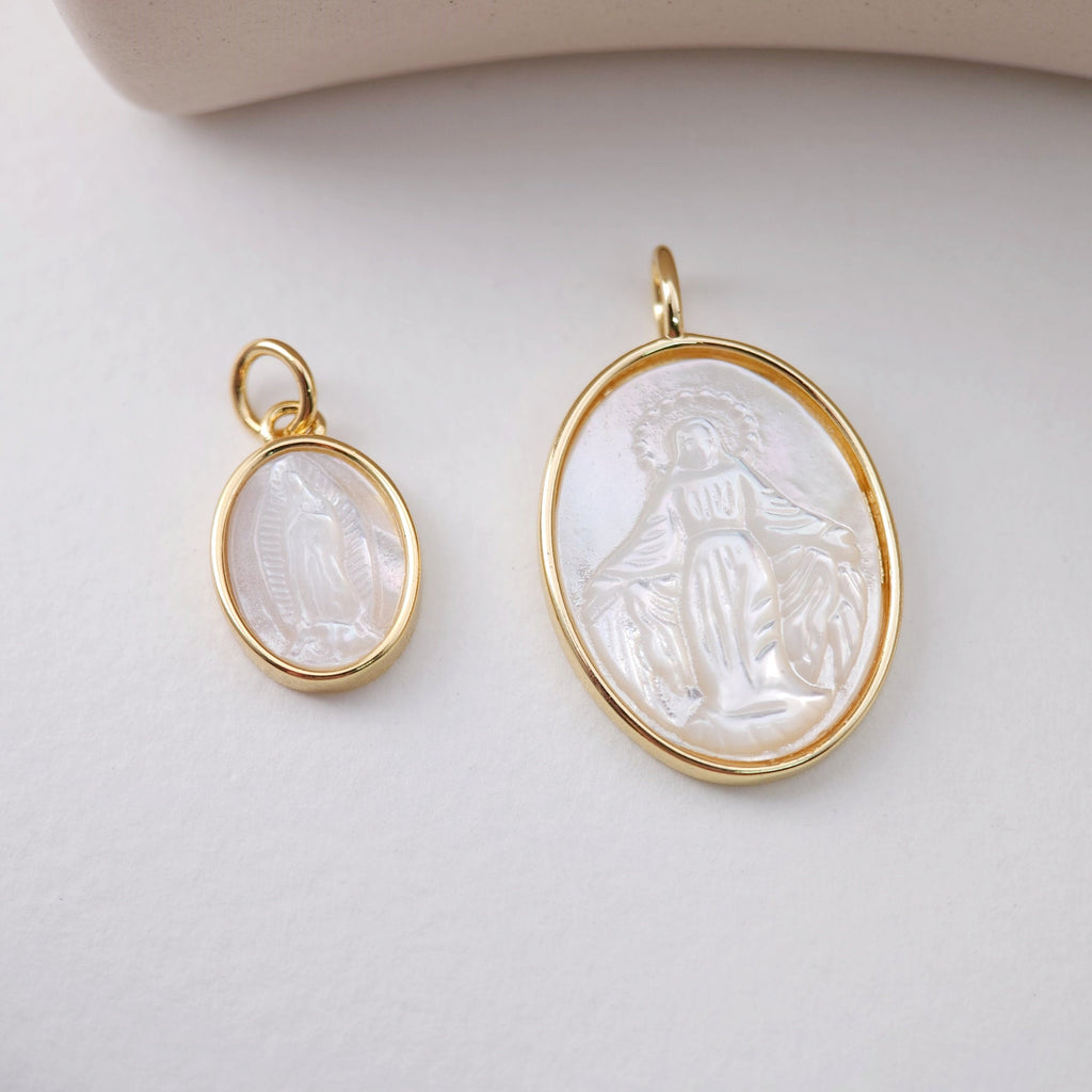 Saint Maria MOP Charms, Religious Charms, 18K Real Gold Plated Our Lady Pendants, Vintage Necklace Making Charms S1223