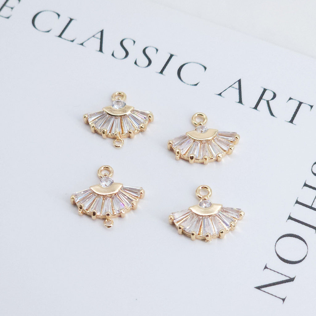 CZ Pave Fan Shape Charm, Cubic Zircon Crystal Fan Connector, CZ Earring Charms,Real Gold Plated Earring Charms, Jewelry Findings ZR003-F072
